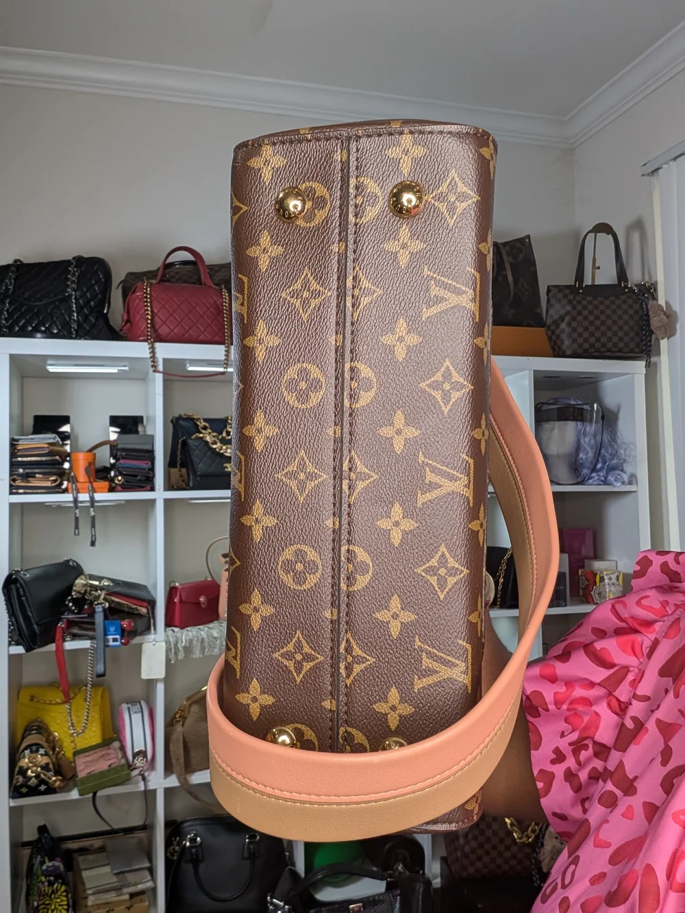 Louis Vuitton Clunny Brown Monogram Canvas Satchel with Pink-Tan Strap